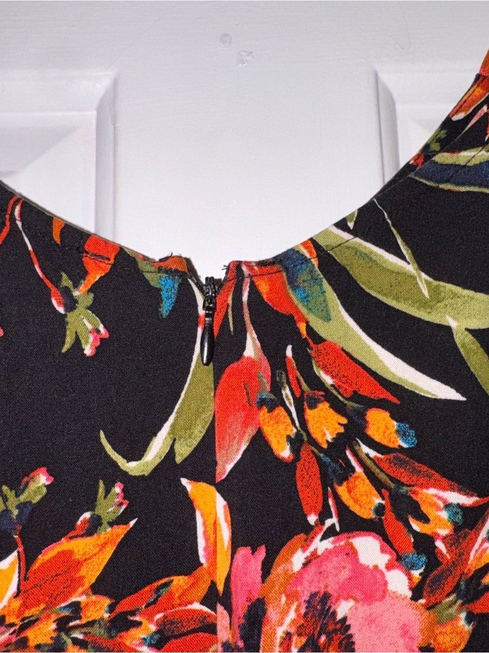 MSK Floral Black Maxi Dress Orange Pink Blooms tie back sash 100% viscose M - Picture 8 of 14